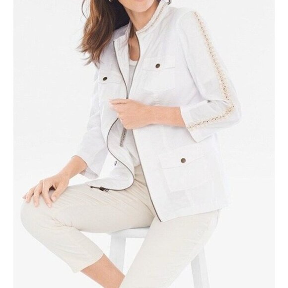 Zenergy Womens Size 0 White Zipper Jacket Top Knit insert Lace Embroidered Trim - Picture 1 of 12